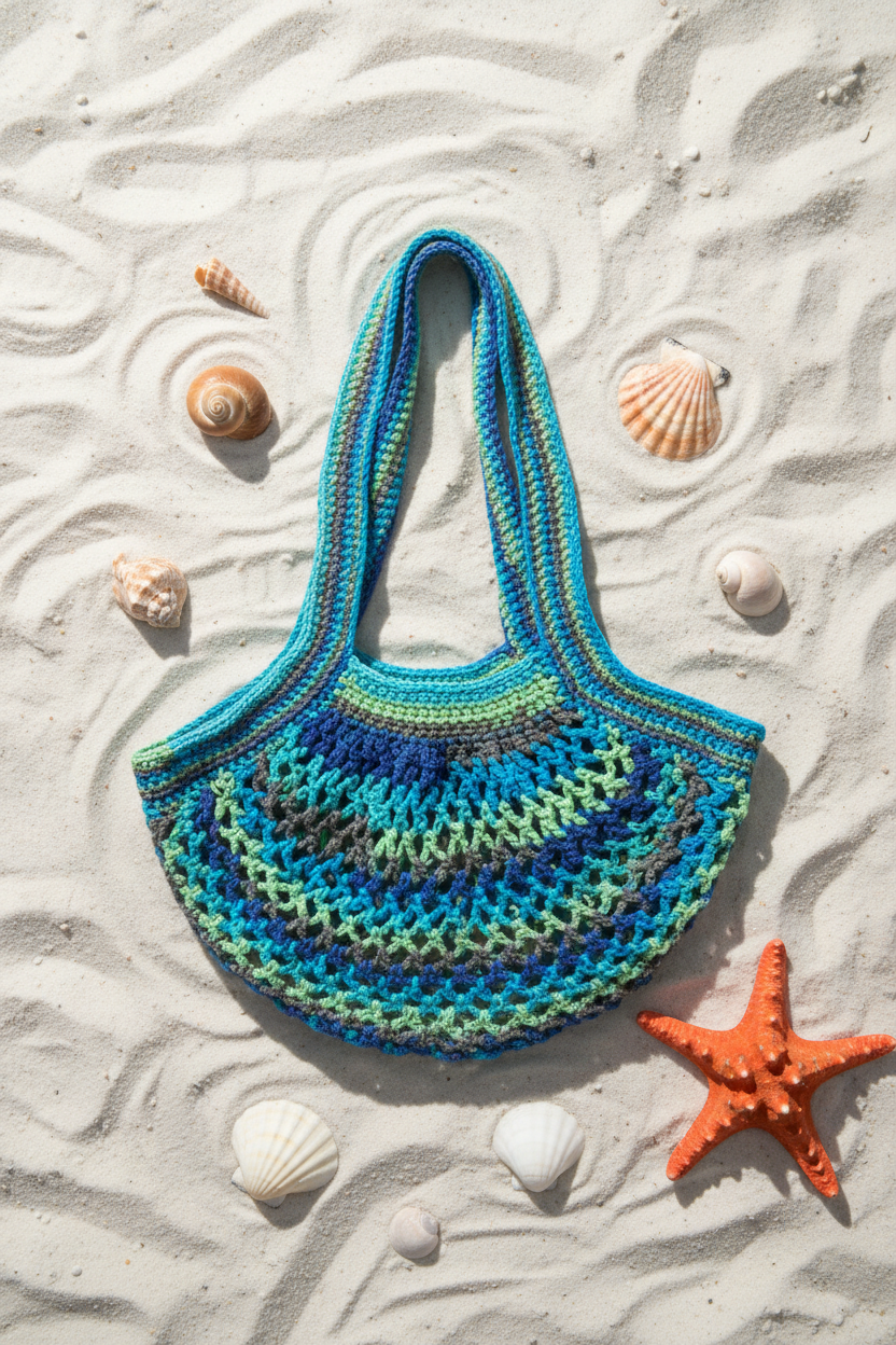 Ocean blues variegated crochet market bag flat lay on white sand with seashells and starfish