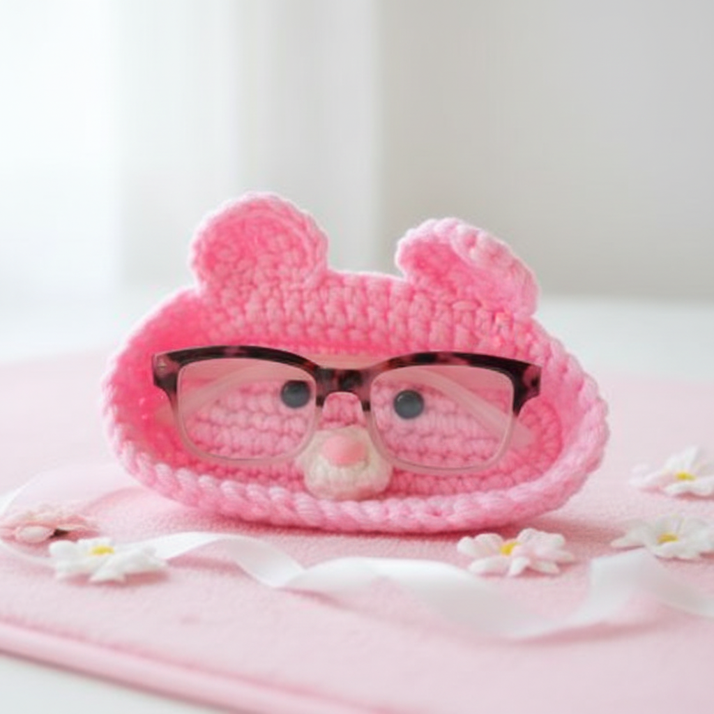 Handcrafted pink crochet bear eyeglasses holder on pastel pink surface with flowers and glasses inside