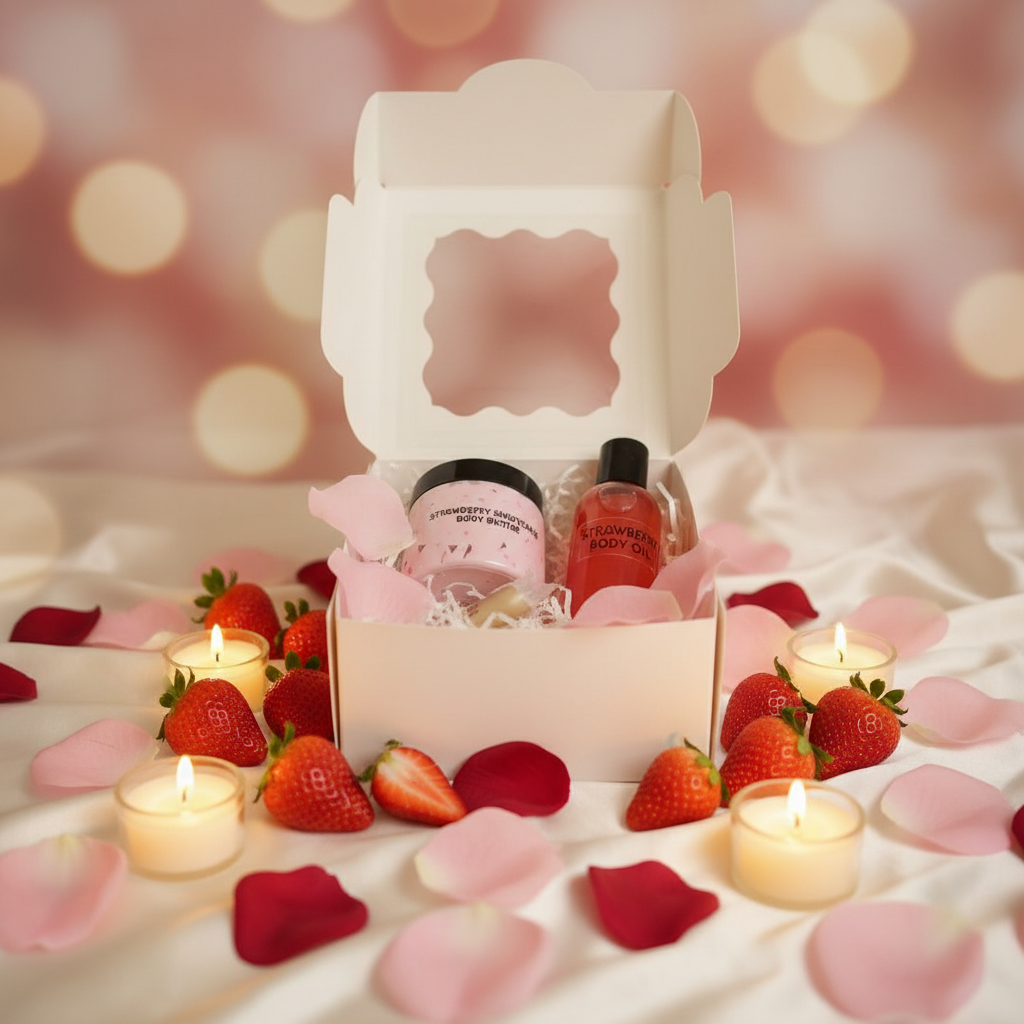 Strawberry Gift Box with Body Butter and Body Oil in a warm romantic berry spa setting