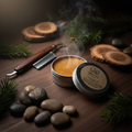 Savage shave soap in silver tin on dark walnut wood with straight razor and cedar