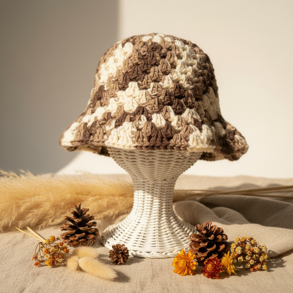 Handmade crochet bucket hat in brown tan and cream variegated yarn on wicker stand with pampas grass