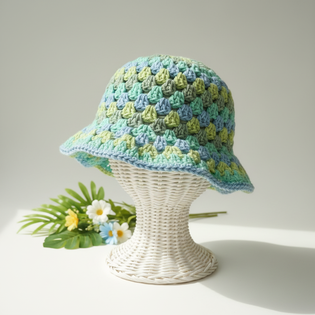 Handmade crochet bucket hat in blue green and yellow variegated yarn on wicker stand