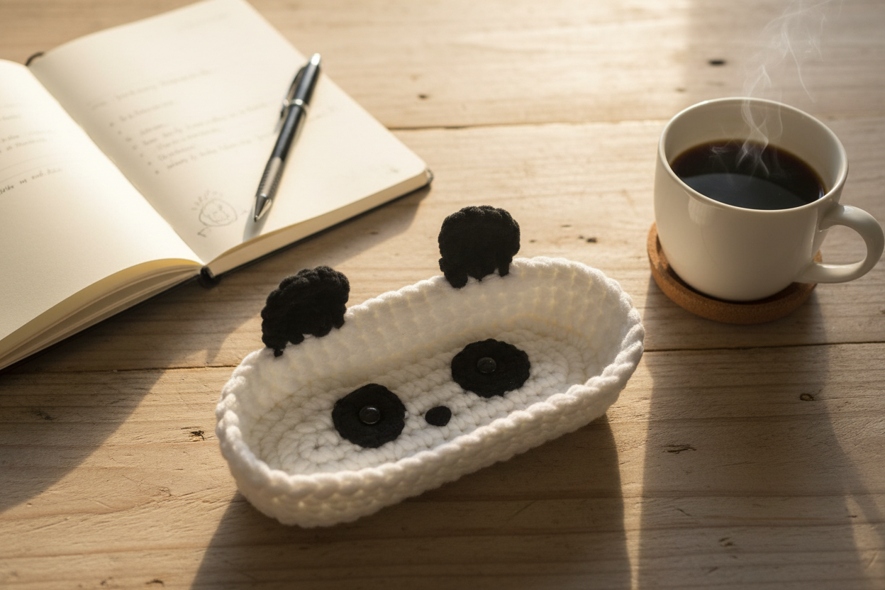 Handmade crochet panda case on a cozy desk with coffee