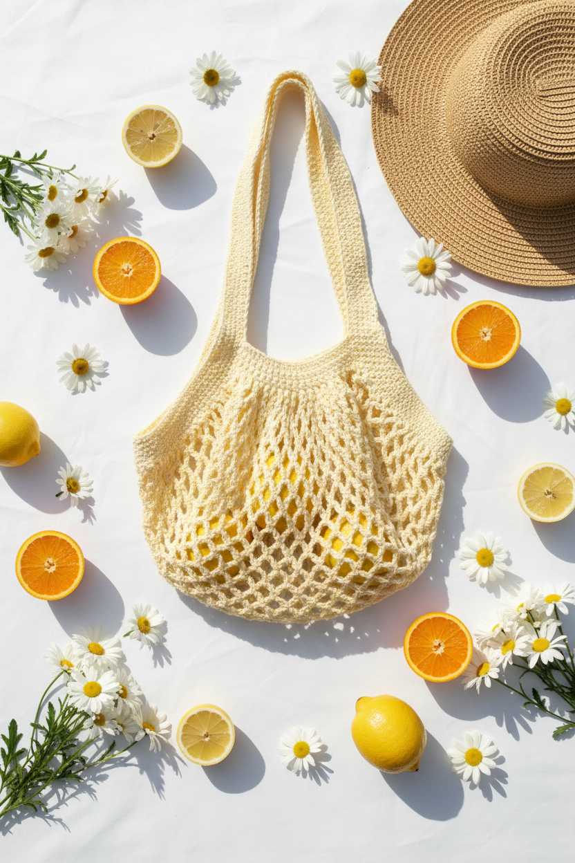 Handmade yellow cotton crochet market bag with citrus fruits and daisies on white surface