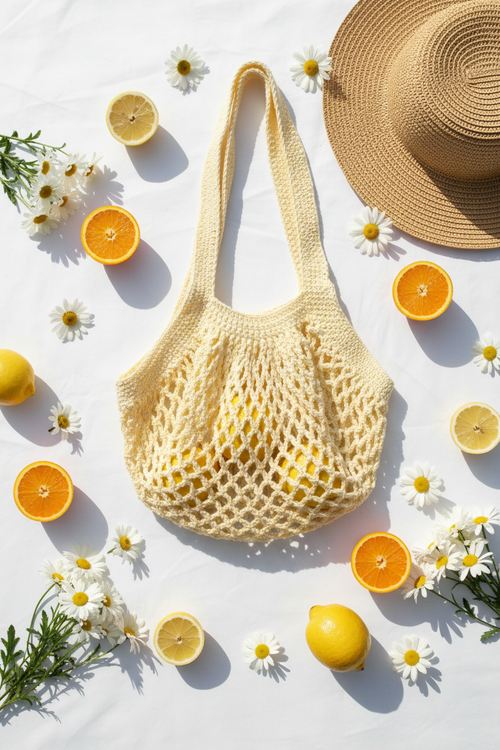 Handmade yellow cotton crochet market bag with citrus fruits and daisies on white surface