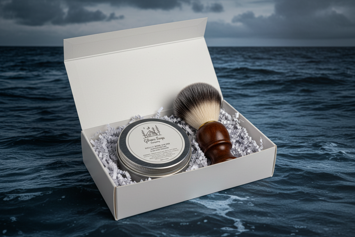 Salty Sea Air shaving gift set with soap in metal tin and brush in white gift box