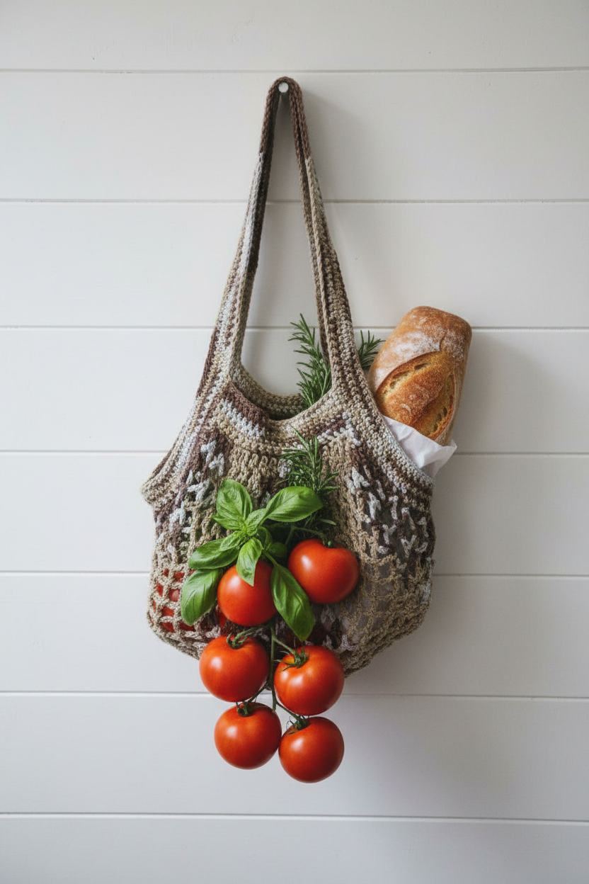 Handmade brown and beige variegated crochet cotton market bag hanging on white shiplap wall with fresh produce