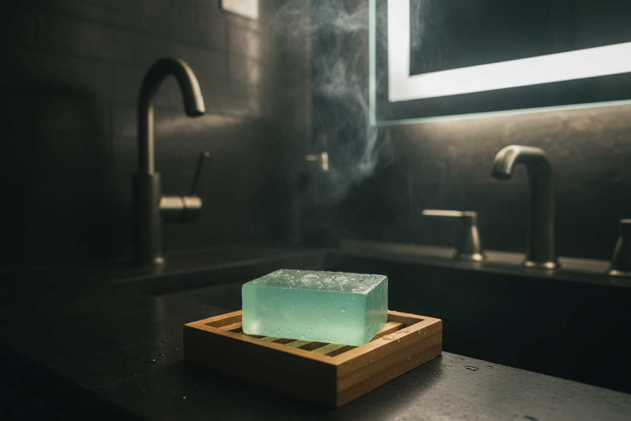 Men's Shower Soap Bergamot and Cedarwood bar on a teak wood soap dish in a moody bathroom setting