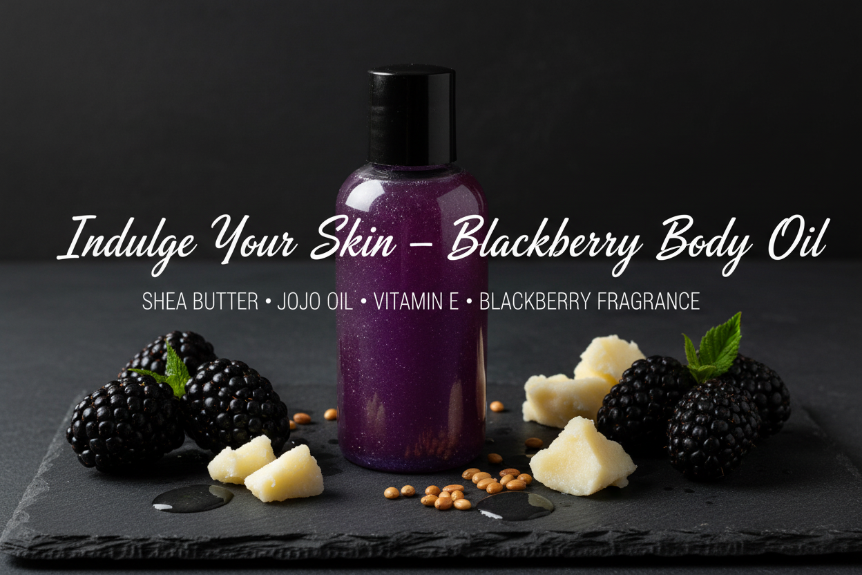 Blackberry Body Oil flat lay with dark background
