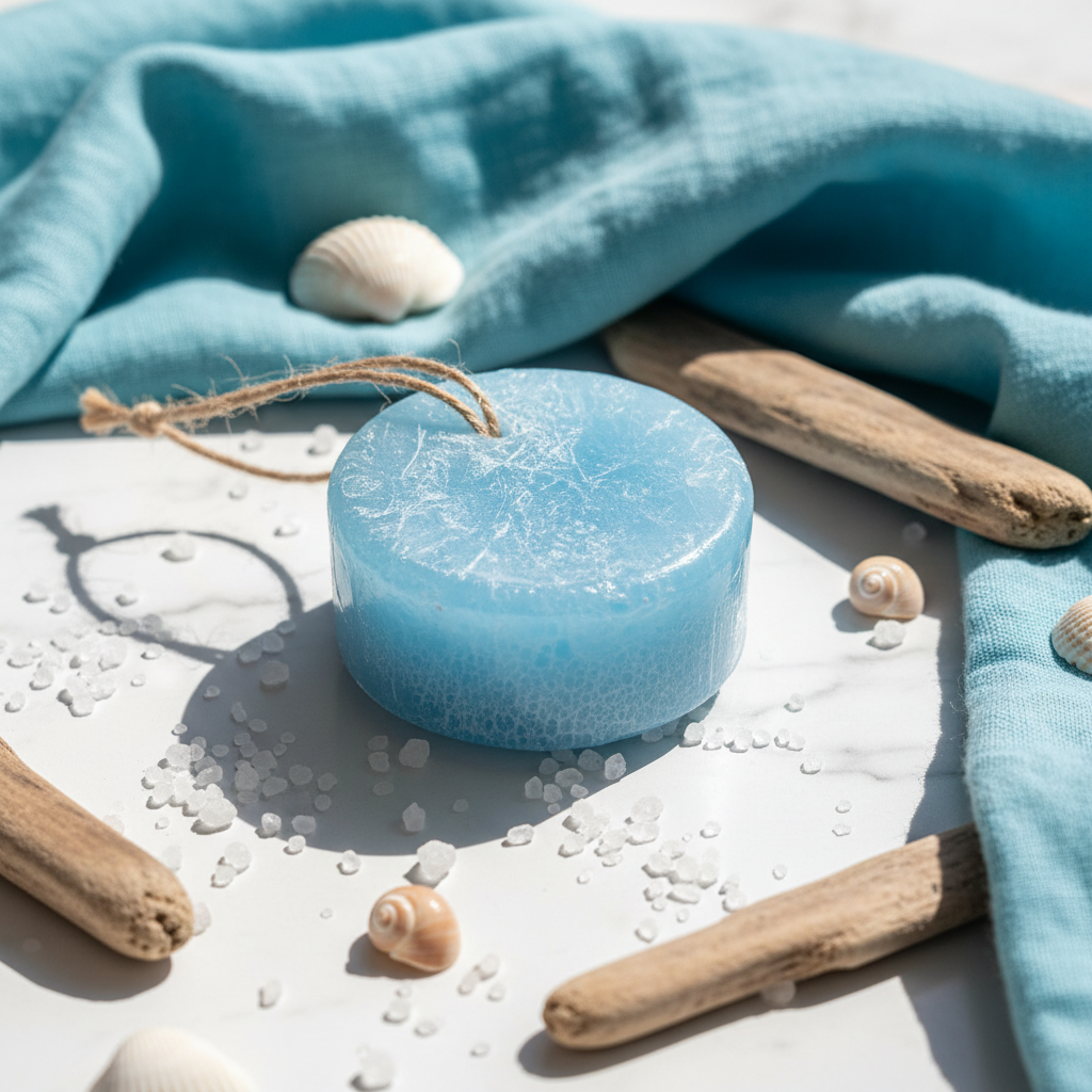 Men's Salty Sea Air loofah shave soap bar on white marble with seashells and sea salt crystals