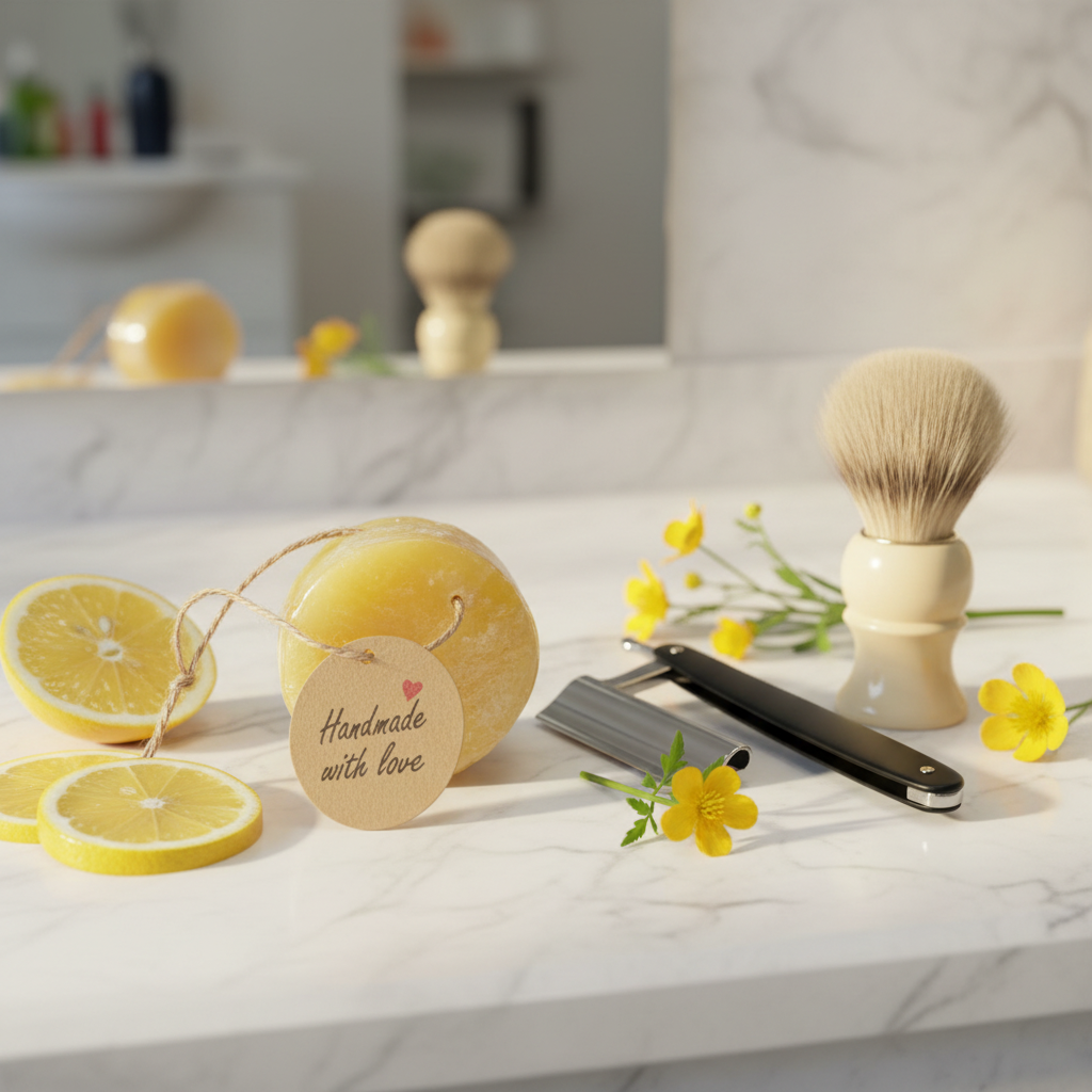 Men's loofah shave soap bar with straight razor, shaving brush and lemon slices on marble